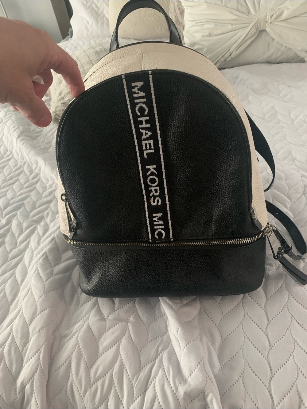 Michael Kors Black and Cream Logo Stripe Leather Backpack